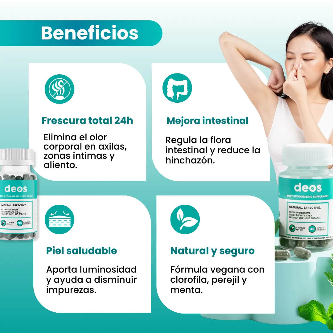 Beneficios DEOS — frescura 24h, mejora intestinal, piel saludable, natural y seguro