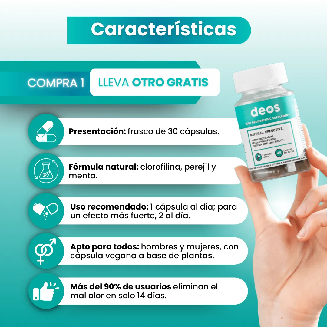 Características DEOS — frasco 30 cápsulas, fórmula natural, 1 cápsula al día